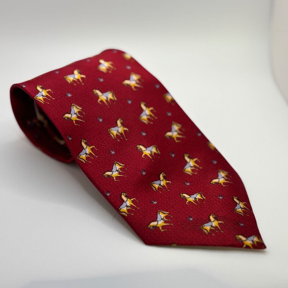 Shemoy Premium‎ Silk Necktie, Red with Equestrian Horse Pattern